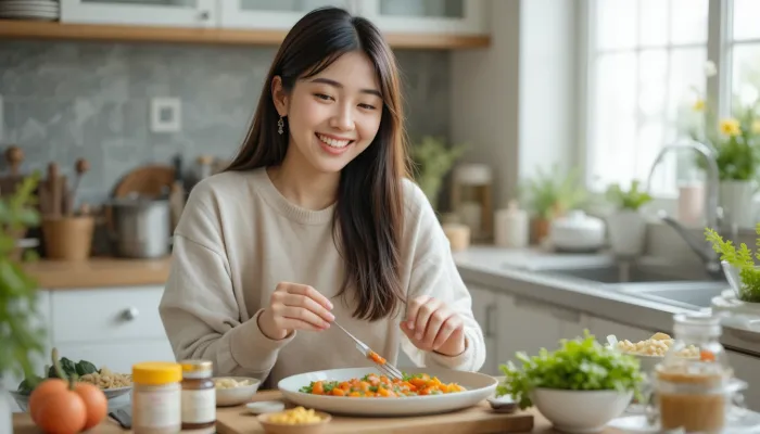 나이아신 효능을 믿고 식사와 함께 영양제를 준비하는 여성의 모습