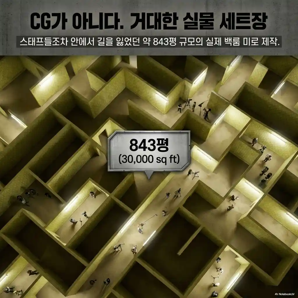 영화 백룸 843평 30000 sq ft 실물 세트장 항공뷰 인포그래픽 - CG 없이 스태프도 길 잃은 초대형 미로 세트 제작 현장