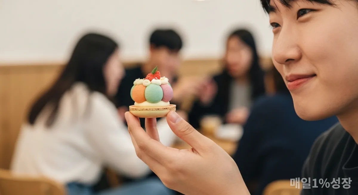 고급 디저트를 들고 만족스러워하는 한국인의 손