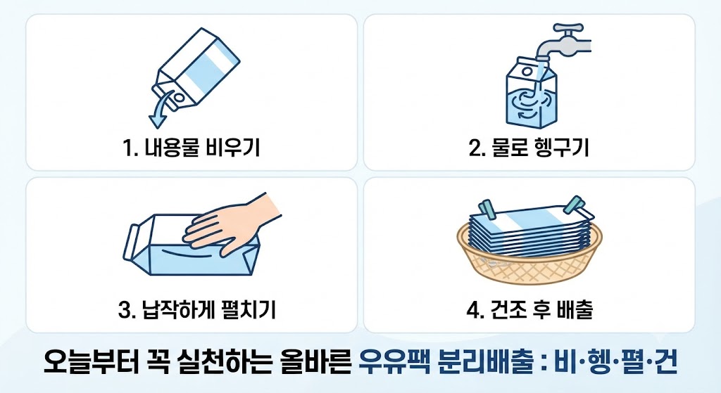 소비자가 해야 할 실천 방법입니다. 복잡한 공정을 거치지 않도록 돕는 '비헹펼건(비우고, 헹구고, 펼치고, 건조하고)' 4단계 수칙을 깔끔한 4컷 만화 형식의 인포그래픽으로 정리했습니다.