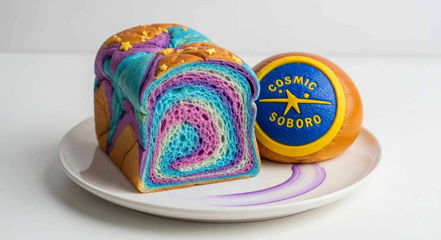 유니크 빵공장의 오로라 식빵 단면 클로즈업. 파스텔톤의 푸른색과 보라색이 어우러져 환상적인 비주얼을 자랑하며, 옆에는 별 모양 소보로 빵이 놓여있다.