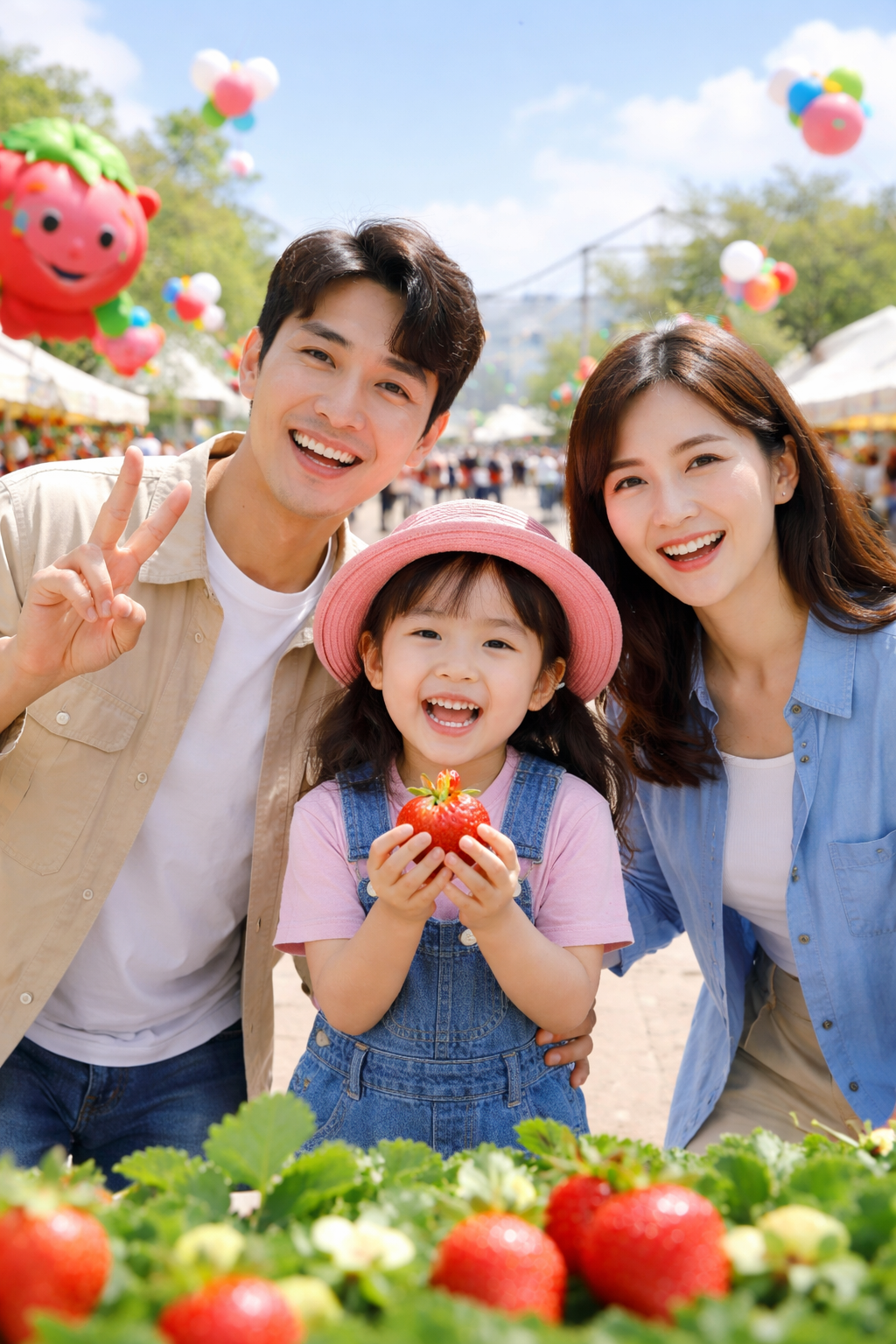 딸기 축제에서 딸기를 들고 좋아하고 있는 가족의 모습