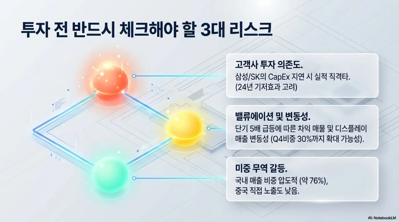 원익IPS 투자 전 점검할 3대 리스크를 정리한 이미지. 삼성&middot;SK 고객사 투자 의존도&amp;#44; 단기 5배 급등에 따른 밸류에이션 변동성&amp;#44; 국내 매출 비중이 높아 제한적인 미중 무역 갈등 영향을 시각적으로 전달함. 블로그의 원익IPS 투자 리스크 점검과 관련된 내용을 설명함