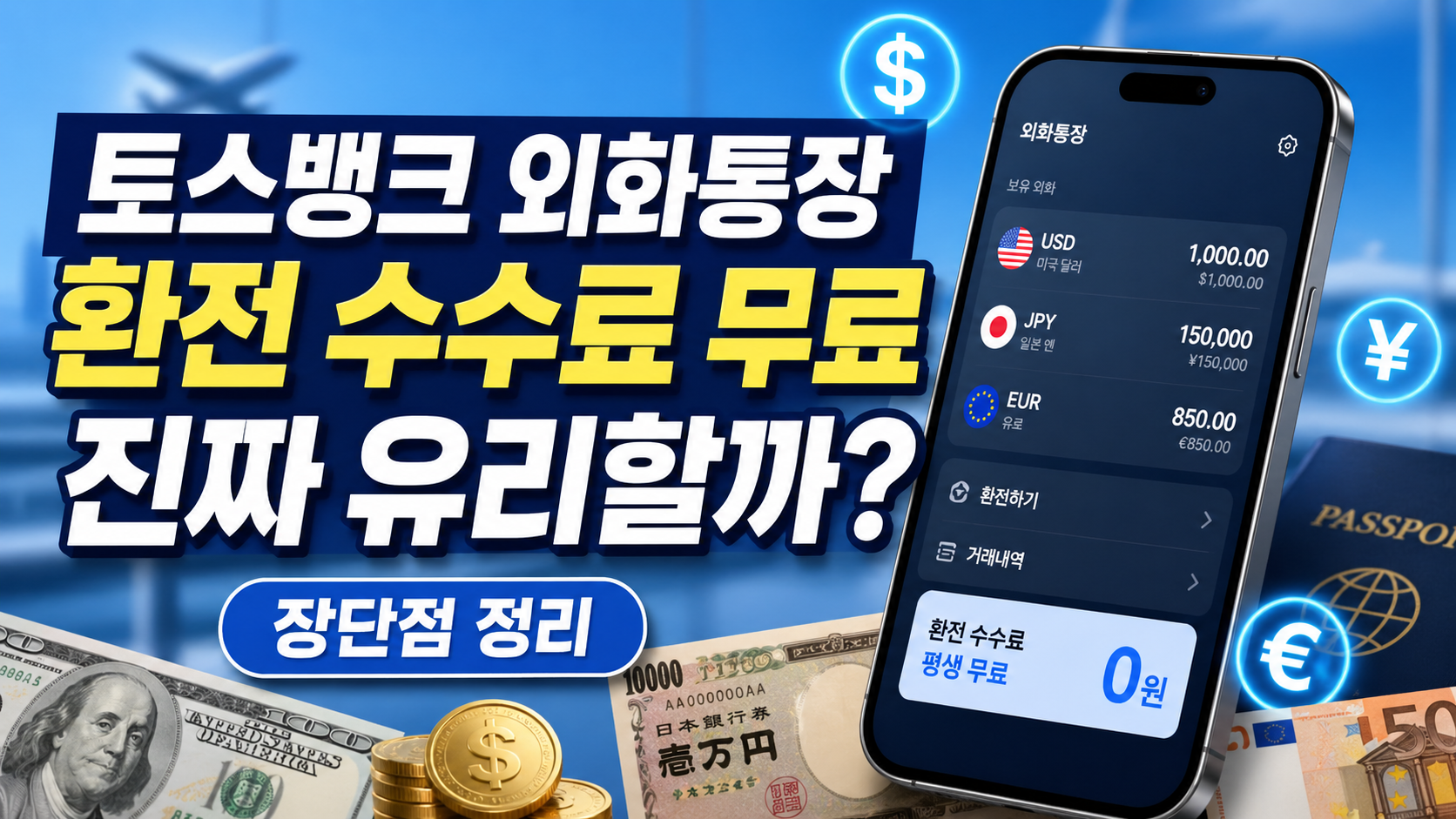 토스뱅크 외화통장 환전 수수료 무료 장단점과 해외결제, 달러 엔화 유로 환전 조건을 설명하는 금융 썸네일