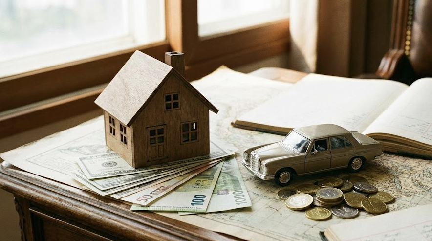 집, 자동차, 화폐가 그려진 그림