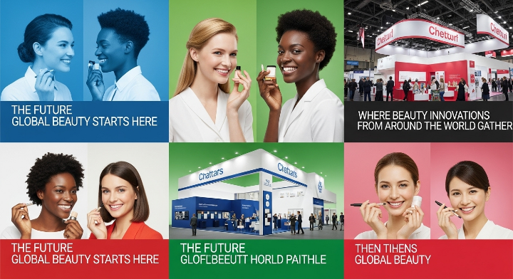 이미지 한장안에 6개의 각기 다른 이미지가 있습니다. 이미지의 내용은 상품을 전시해 놓은 부스와 상품을 알리는 모습, 그리고 상품의 가치와 우수성을 보이게 하기 위한 이미지들로 구성돼 있습니다.