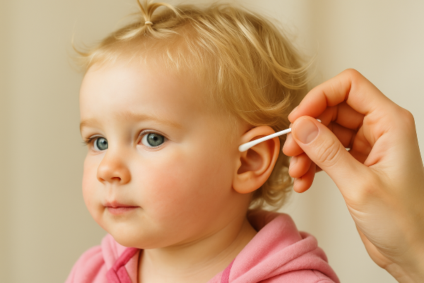 금발 유아의 귀를 면봉으로 닦는 모습