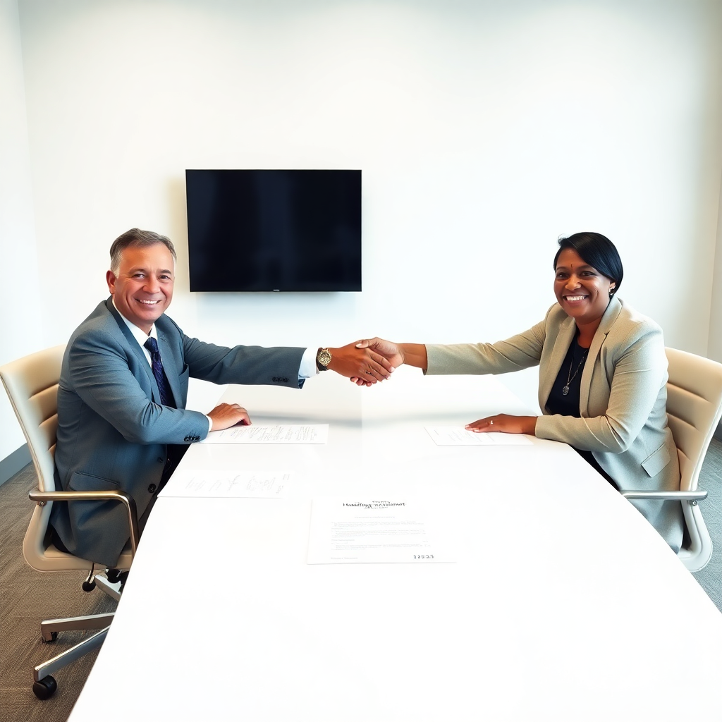 깔끔한 회의실에서 정부 관계자와 공무원 노조 대표가 마주 앉아 밝은 표정으로 악수를 나누는 모습. 테이블 위에는 '주거지원 합의서'와 같은 문서가 놓여 있고, 신뢰감 있고 전문적인 분위기.