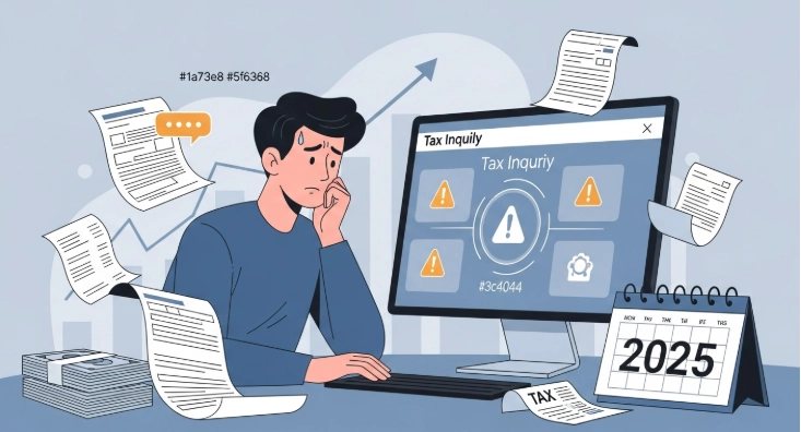 2025년 국세 체납을 걱정하며 홈택스 화면을 들여다보는 사람의 모습