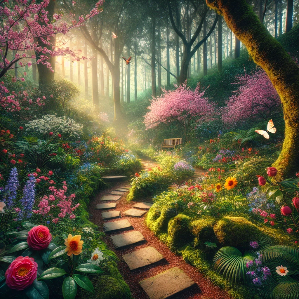 제주도의 푸른 숲과 아름다운 꽃이 만개한 비밀 정원의 모습