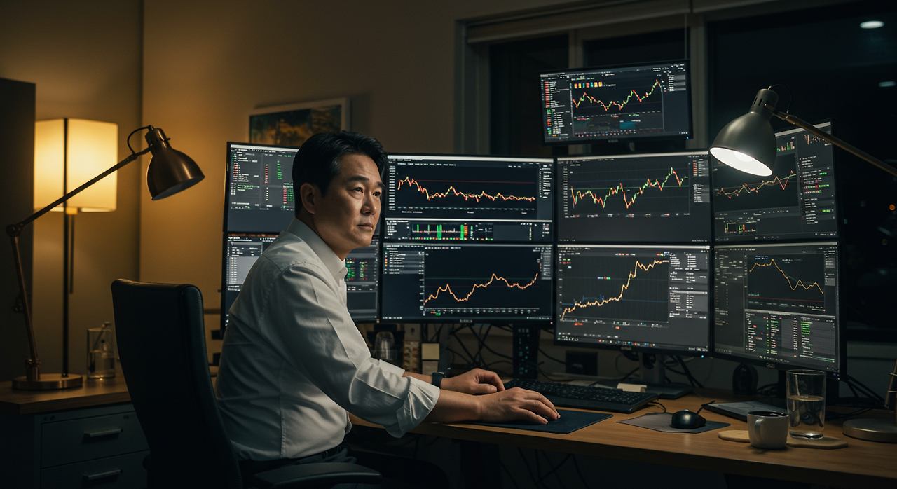 집 책상에서 여러 화면으로 주식 시장 데이터를 분석하는 한국 투자자