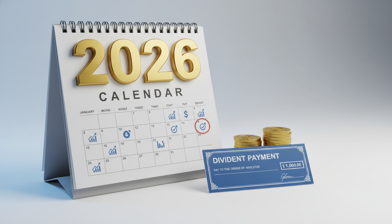 2026년 달력과 금화, 배당금 수표가 함께 있는 금융 콘셉트 일러스트