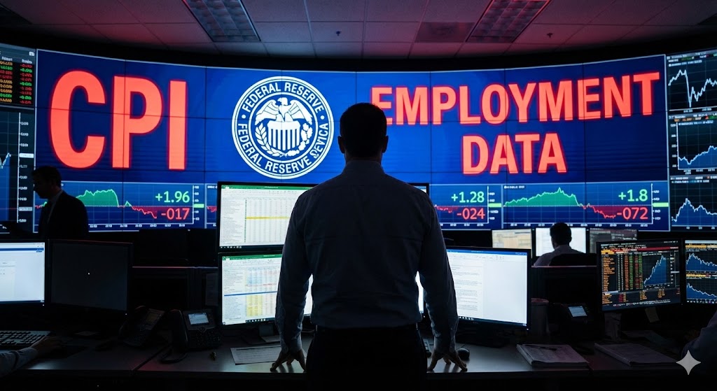 연준(Fed) 로고와 함께 고용/물가 지표가 적힌 전광판을 바라보는 트레이더의 모습