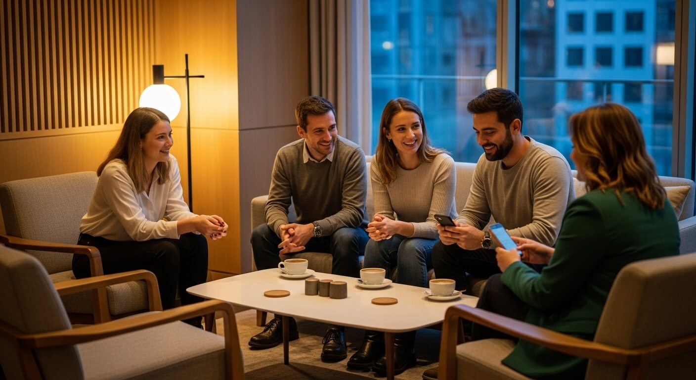호텔 라운지에서 커피를 마시며 대화하는 친구들
