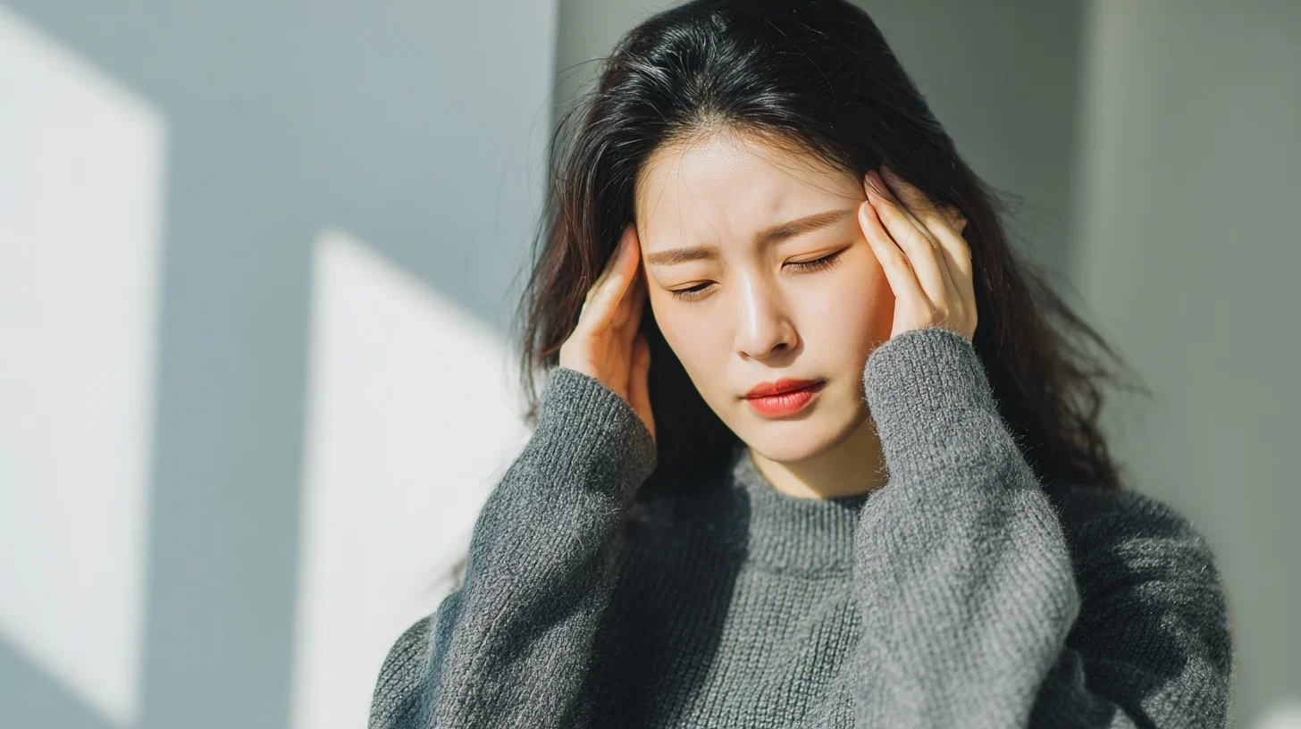 편두통으로 머리를 잡고 있는 사람 이미지