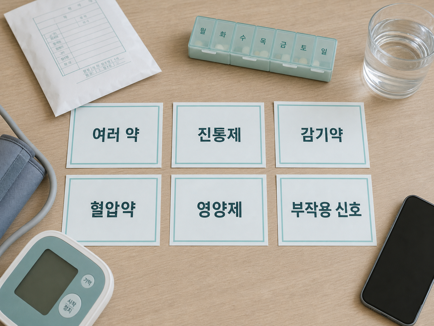 약 복용 안전 체크리스트 여러 약 진통제 감기약 혈압약 영양제 부작용 신호 상황별 카드