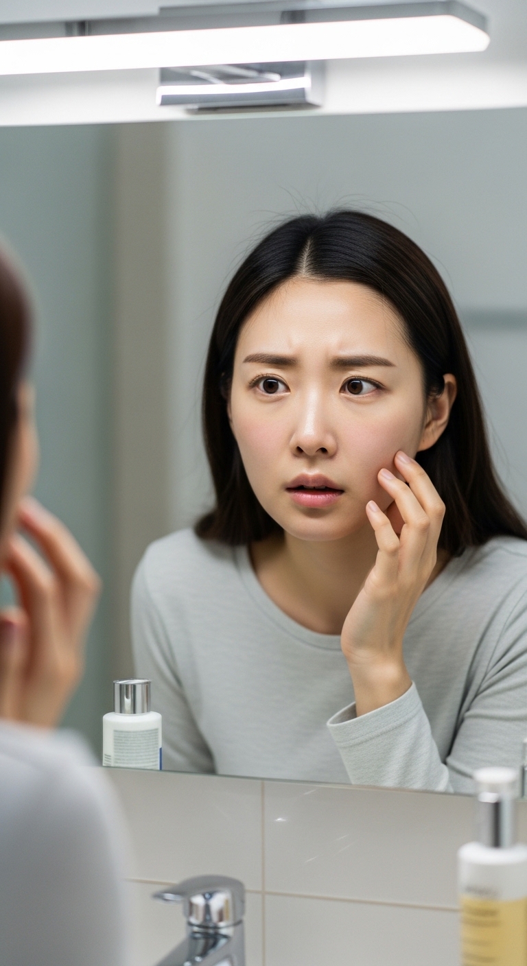 거울을 보며 피부 톤을 고민하는 여성의 모습