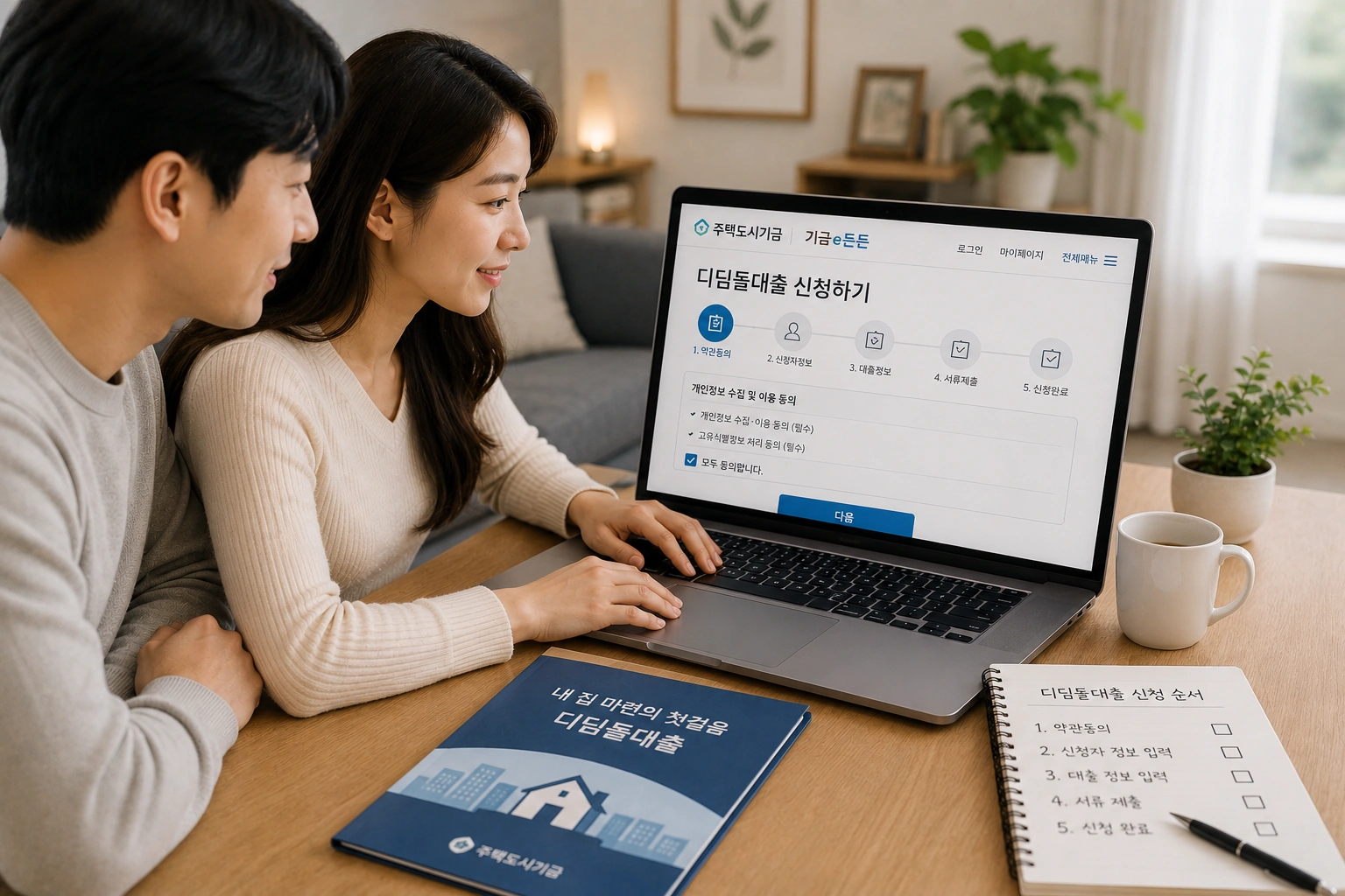 신혼부부가 집에서 기금e든든을 통해 디딤돌대출 온라인 신청 절차를 진행하는 모습