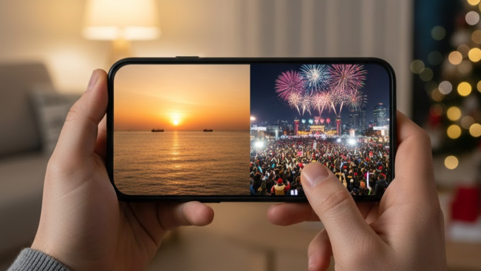 스마트폰 화면으로 해돋이 명소와 서울 새해 카운트다운 행사 중 어디를 갈지 고민하는 1인칭 시점 사진