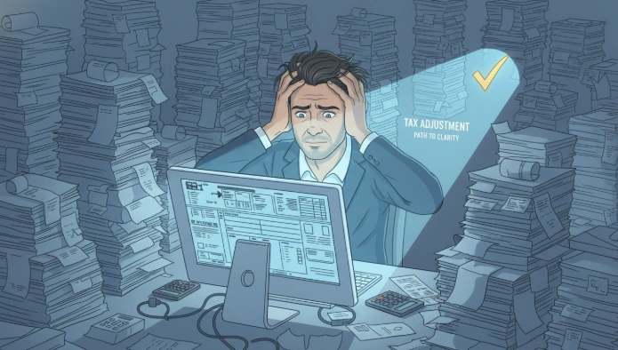 영수증과 서류에 둘러싸여 복잡한 연말정산을 고민하는 사람의 모습.