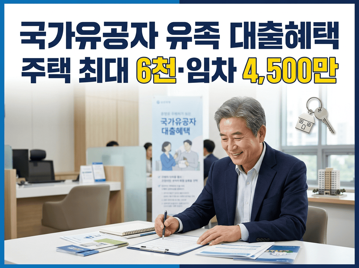 주택계약서를 확인하는 장면과 국가유공자 유족 대출혜택의 2026년 주택 및 임차 한도를 안내하는 이미지