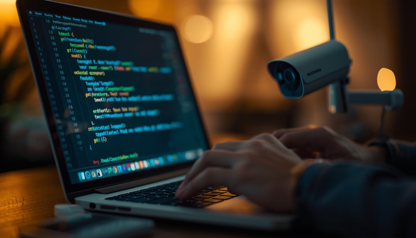 홈캠 보안을 위해 복잡한 비밀번호를 설정하고 있는 개발자의 손길