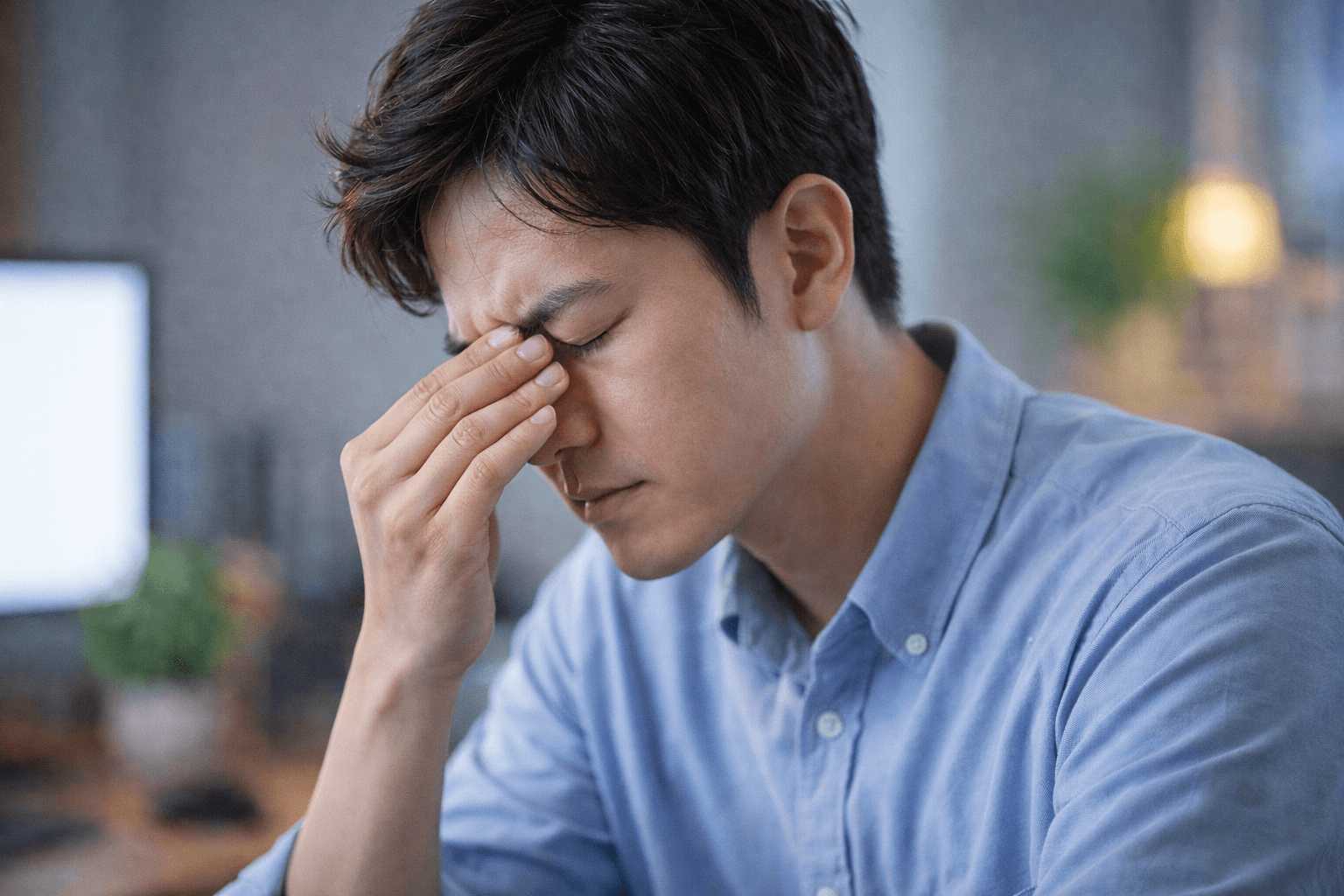 눈을 감고 미간을 만지며 피로해진 눈을 풀어주는 모습