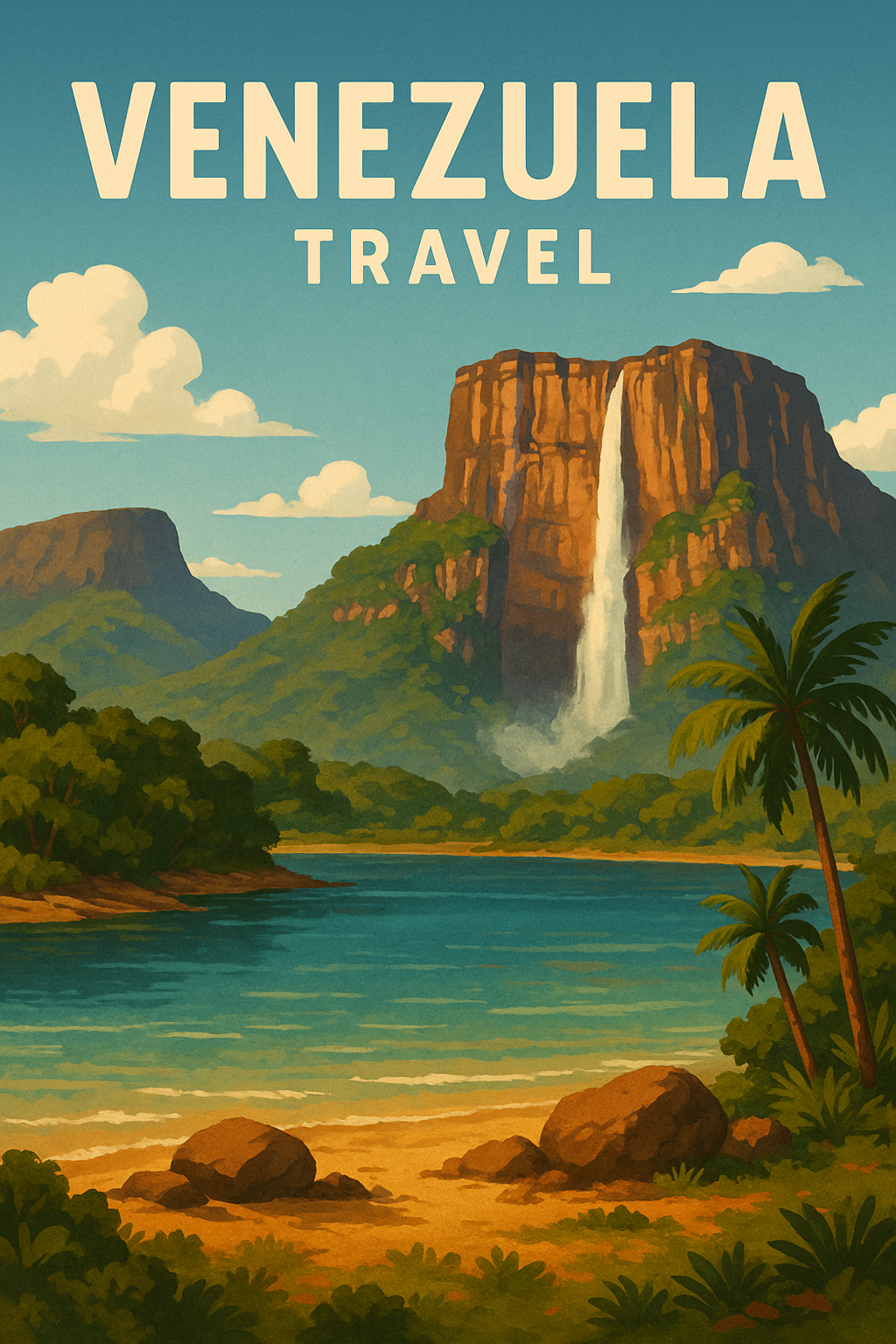 베네수엘라(Venezuela)의 카나이마 국립공원(Canaima National Park)에서 세계에서 가장 높은 폭포인 앙헬 폭포(Angel Falls)가 웅장하게 떨어지는 장면을 담은 여행 포스터입니다.