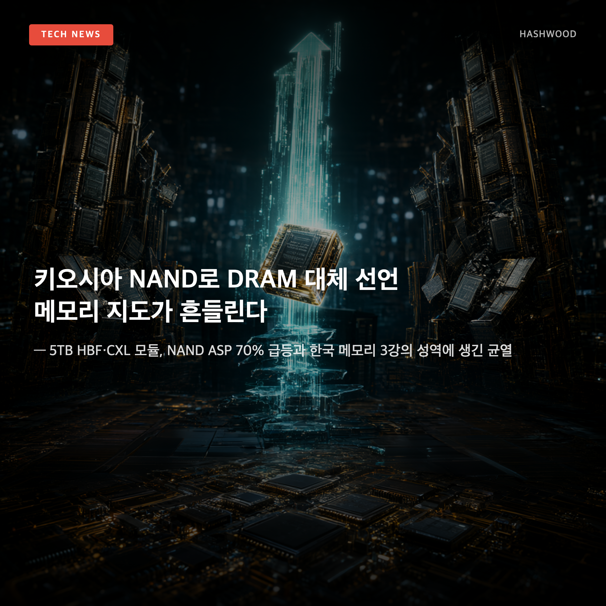 그림: 키오시아 NAND로 DRAM 대체 선언 메모리 지도가 흔들린다 — — 5TB HBF·CXL 모듈, NAND ASP 70% 급등과 한국 메모리 3강의 성역에 생긴 균열