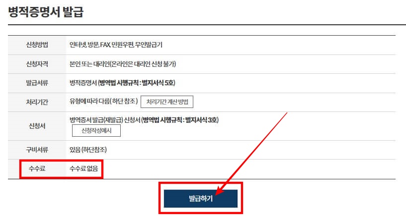 3. 병적증명서 발급 화면 하단 [발급하기] 버튼을 클릭해 주세요.