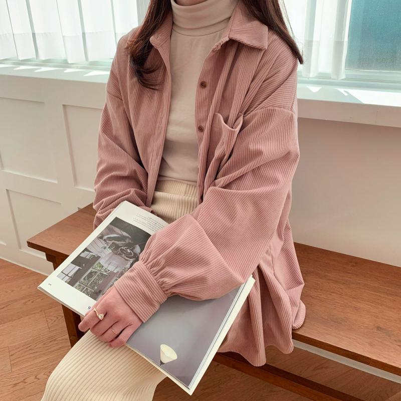 퍼프 코듀로이 셔츠 오버핏 여성 남방 기모 골덴셔츠 셔링 겨울 블라우스 핑크 검정 브라운