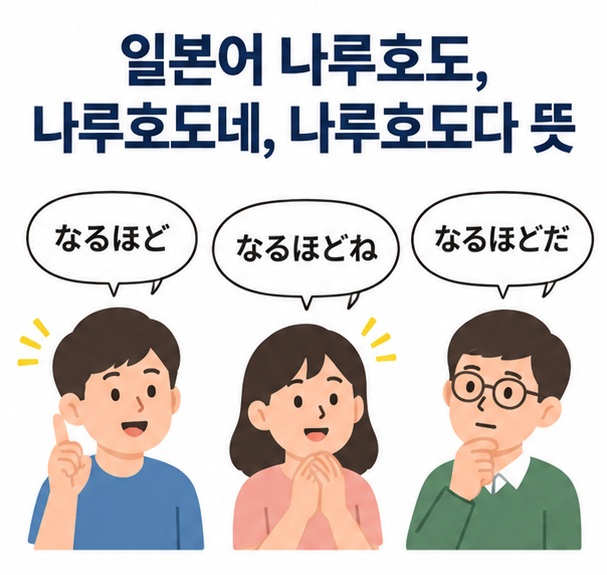 일본어 なるほど なるほどね なるほどだ와 한국어 뜻을 함께 보여주고 일본어 나루호도, 나루호도네, 나루호도다 뜻이라는 글자가 중앙에 놓인 언어 학습 인포그래픽