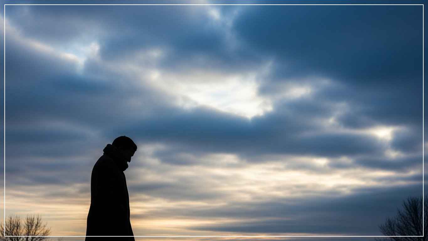 “겨울철 흐린 하늘과 외롭게 걸어가는 사람의 감성적인 실루엣 이미지”