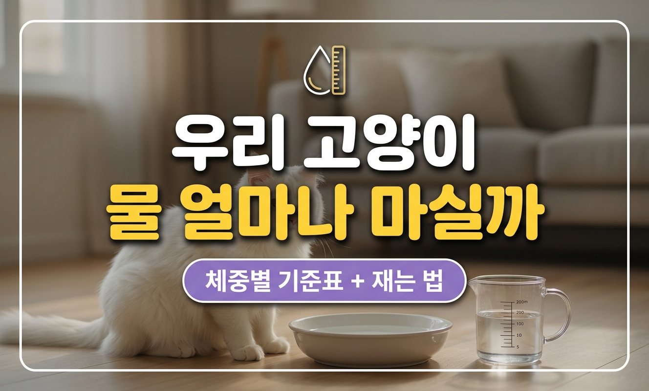 계량컵과 물그릇 앞의 흰 고양이