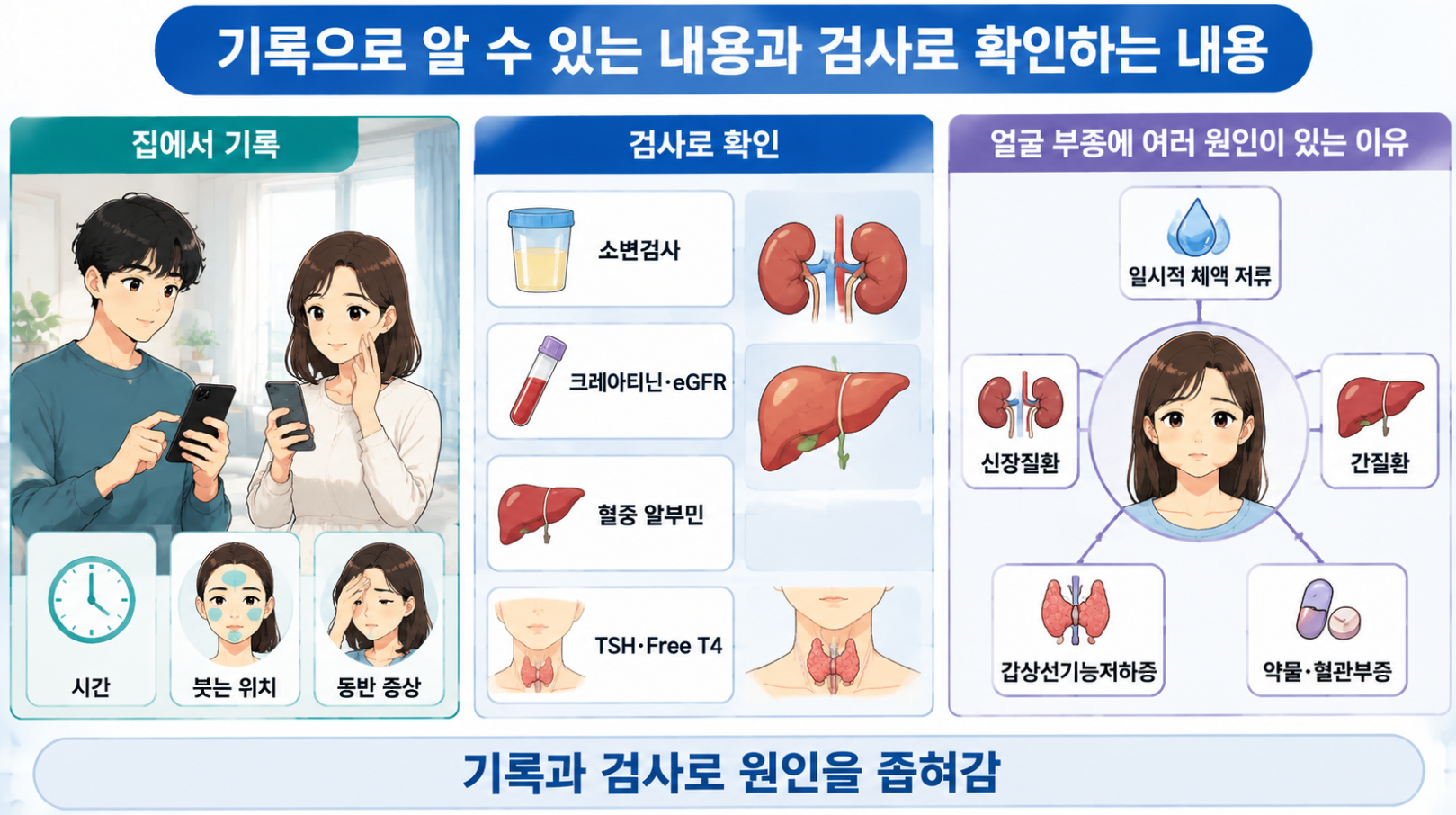 얼굴 부종 원인 확인을 위한 자가 기록과 검사 항목 정리 인포그래픽