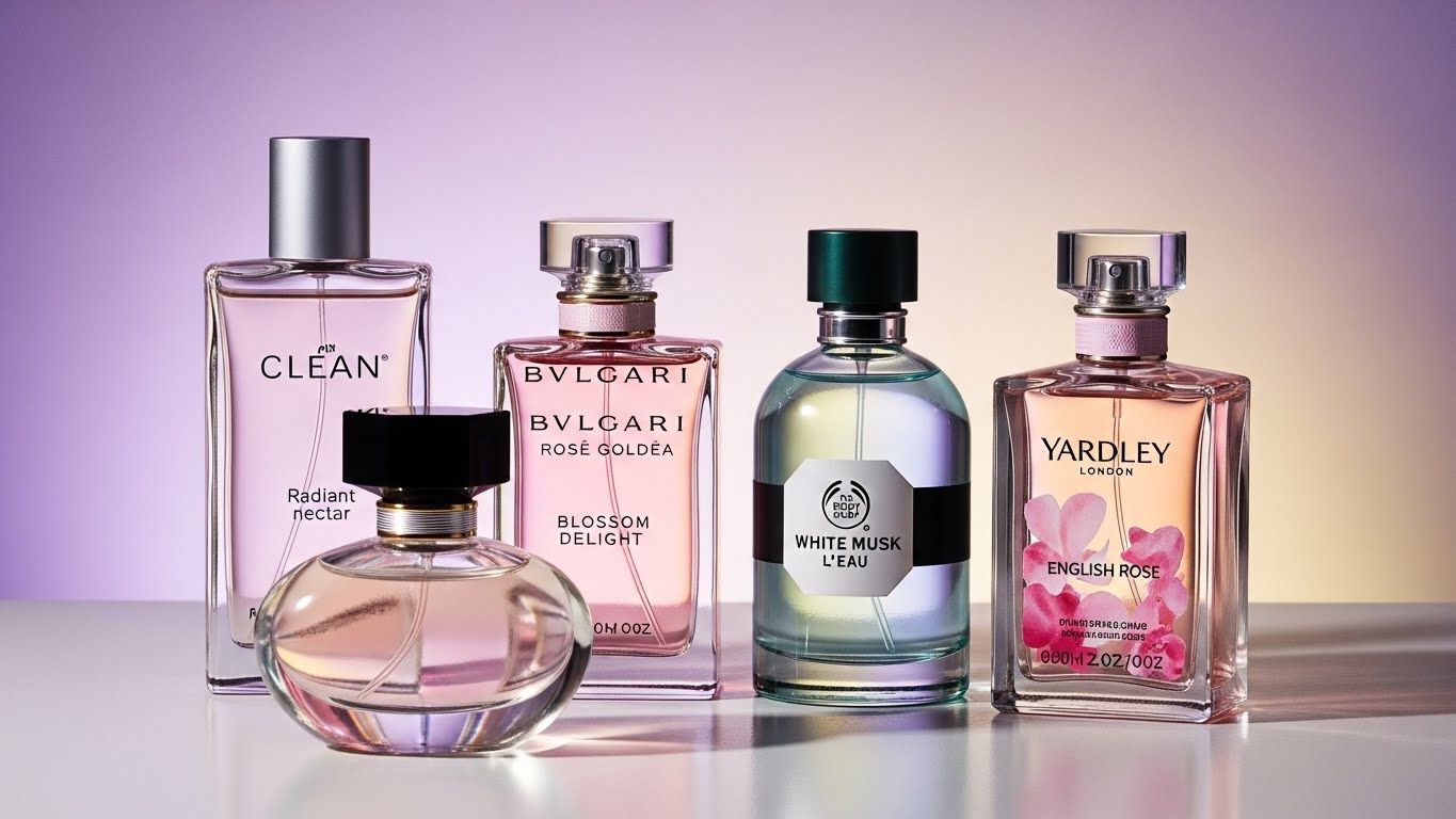 작은 향수병 컬렉션(클린 래디언트 넥타, 블랑가리 로즈 골데아 블라썸 딜라이트, 바디샵 화이트 머스크 로, 야들리 런던 잉글리시 로즈 등)의 예술적인 장면이 부드럽고 약간 반사되는 표면에 미학적으로 배치되어 있습니다.