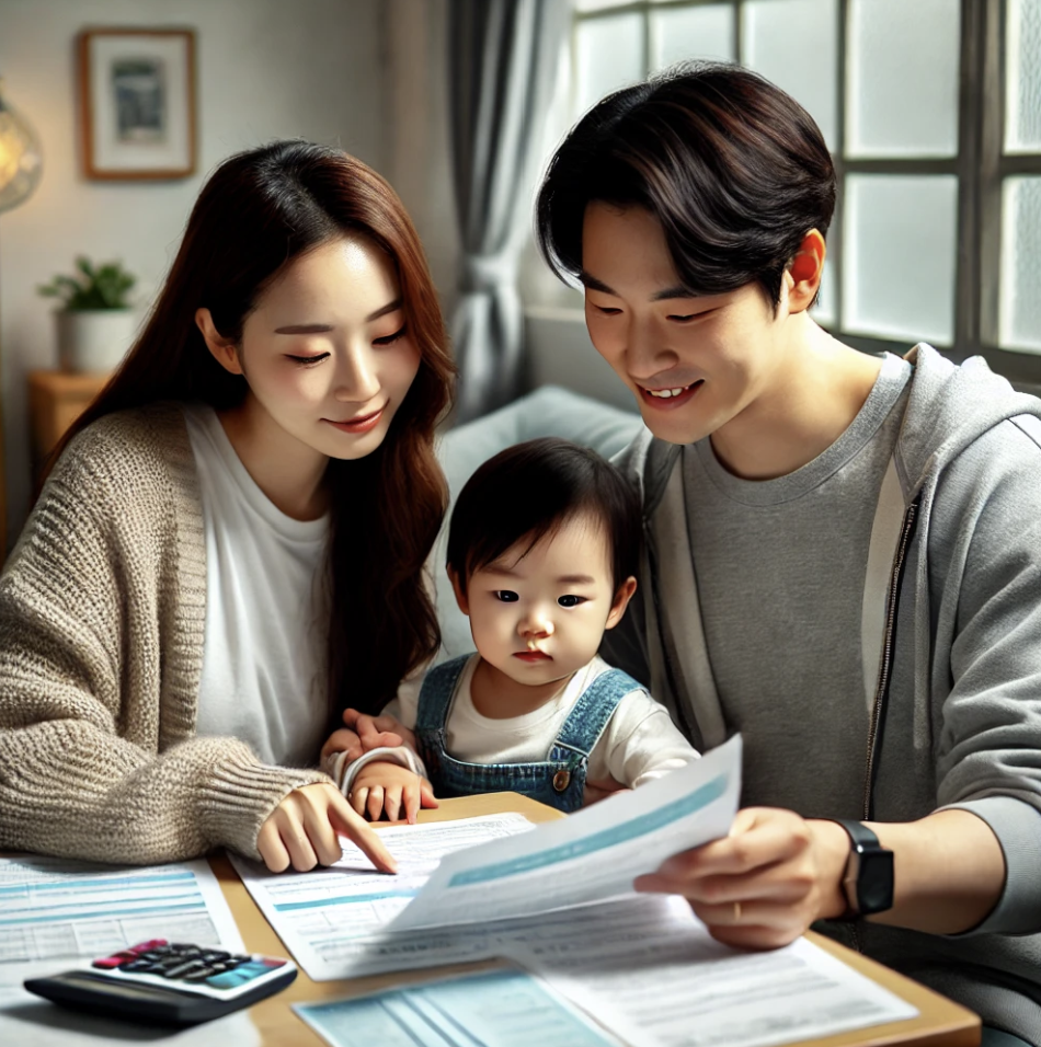 건강보험 서류를 검토하는 가족의 모습