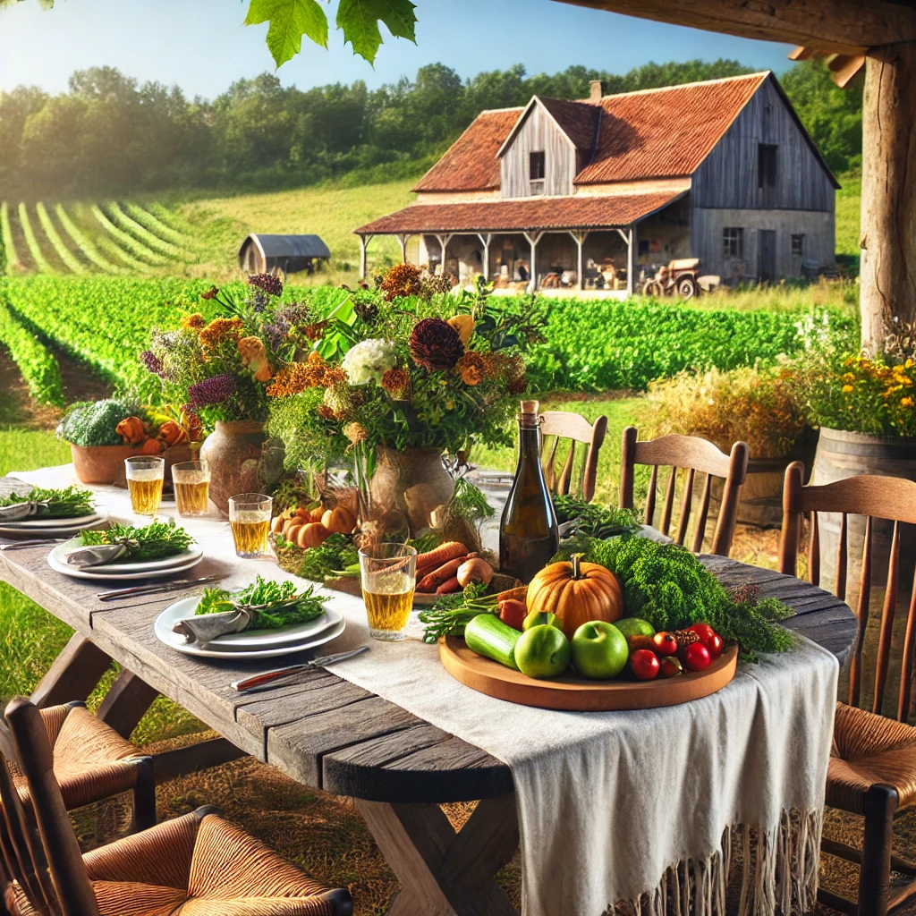 시골 야외 환경에서 그림 같은 농장에서 식탁까지의 식사 경험을 보여주는 이미지