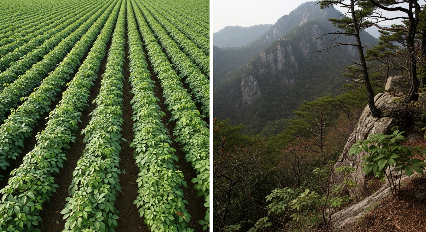 밀집된 인삼 밭과 야생 그대로의 산에서 자라는 산양삼을 대조하는 이미지. 두 삼의 재배 환경 차이를 보여줍니다.