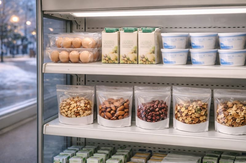 중년을 위한 편의점 단백질 간식 판매대에 진열된 계란, 두유, 요구르트, 견과류 진열된 모습