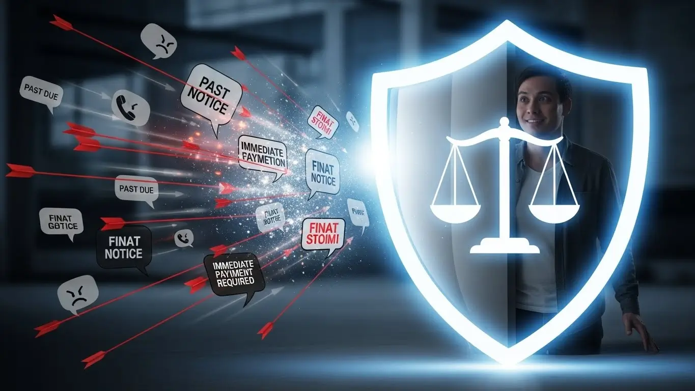 법원의 금지명령 서류가 빚 독촉 전화와 문자를 막아주는 방패 역할을 하는 모습을 상징적으로 표현한 이미지