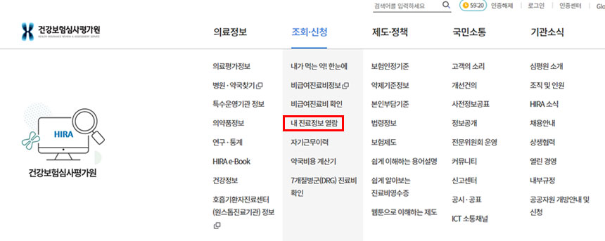 내진료정보 열람 선택화면