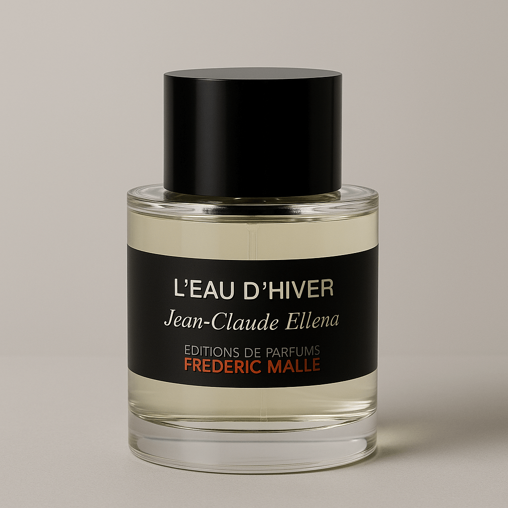 프레데릭 말 로디베(Frederic Malle L’Eau d’Hiver) 향수 병 제품 이미지. 투명한 유리병에 연한 노란빛 액체가 담겨 있고, 검은 뚜껑과 검정 라벨, 빨간색 ‘FREDERIC MALLE’ 로고가 인상적이다. 미니멀하고 세련된 고급 니치 향수 디자인을 강조한 제품 사진