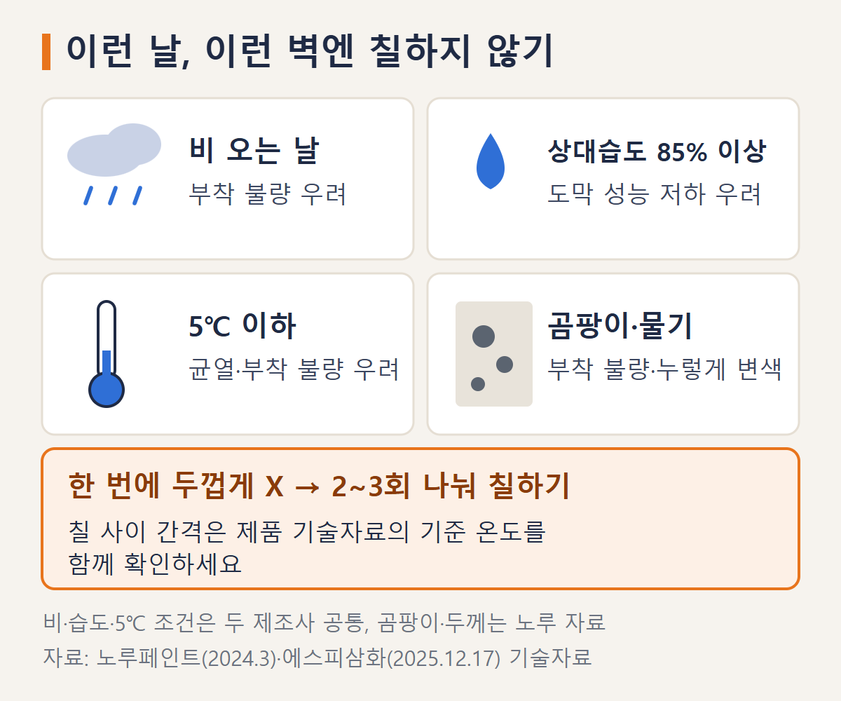 두 제품의 도장 주의사항: 비 오는 날, 상대습도 85% 이상, 5℃ 이하, 곰팡이&middot;물기 있는 벽을 피하고 한 번에 두껍게 칠하지 않기