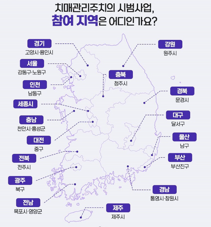 치매관리주치의 시범사업에 참여하는 지역 나타내는 지도