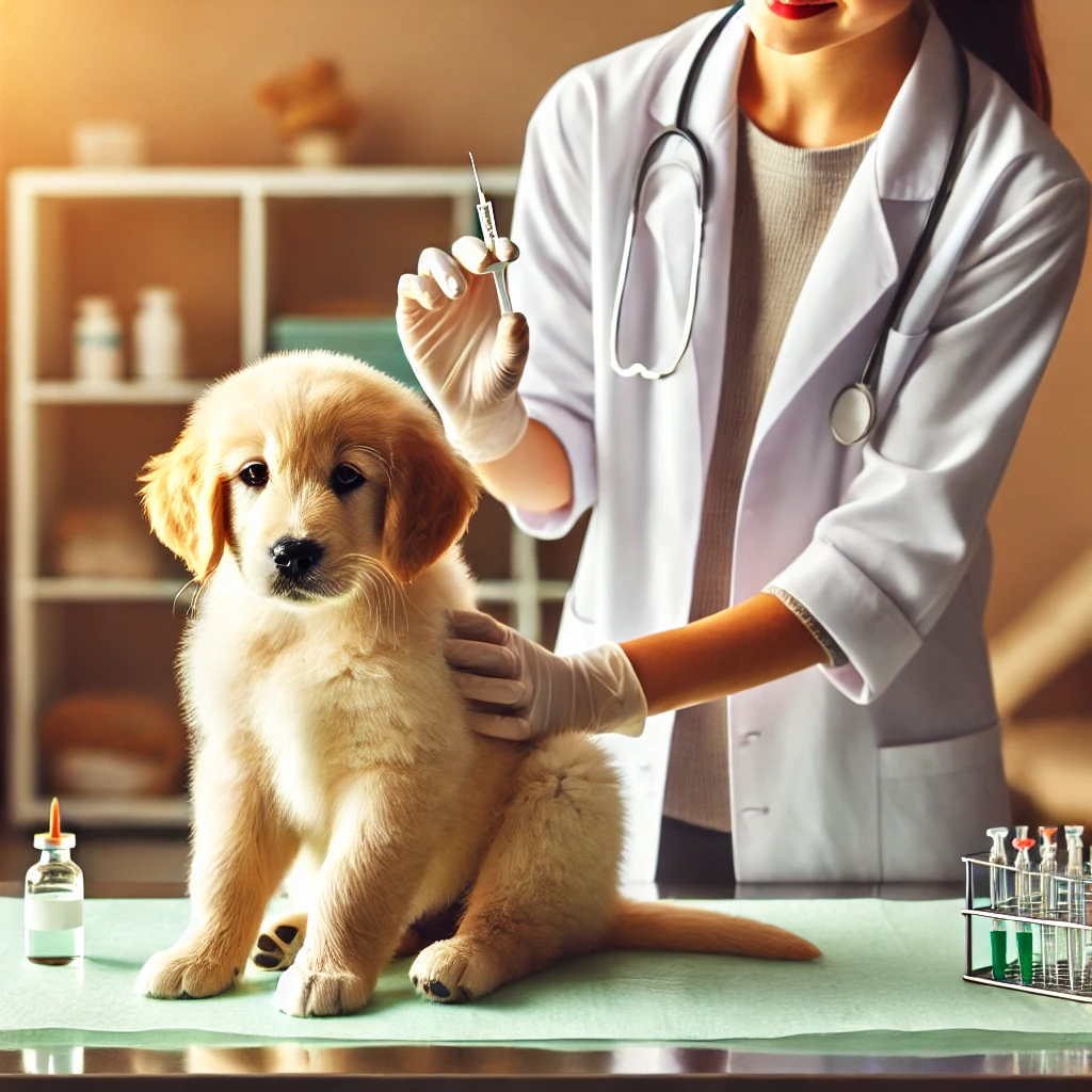 백신 접종 전 진료받는 강아지와 수의사