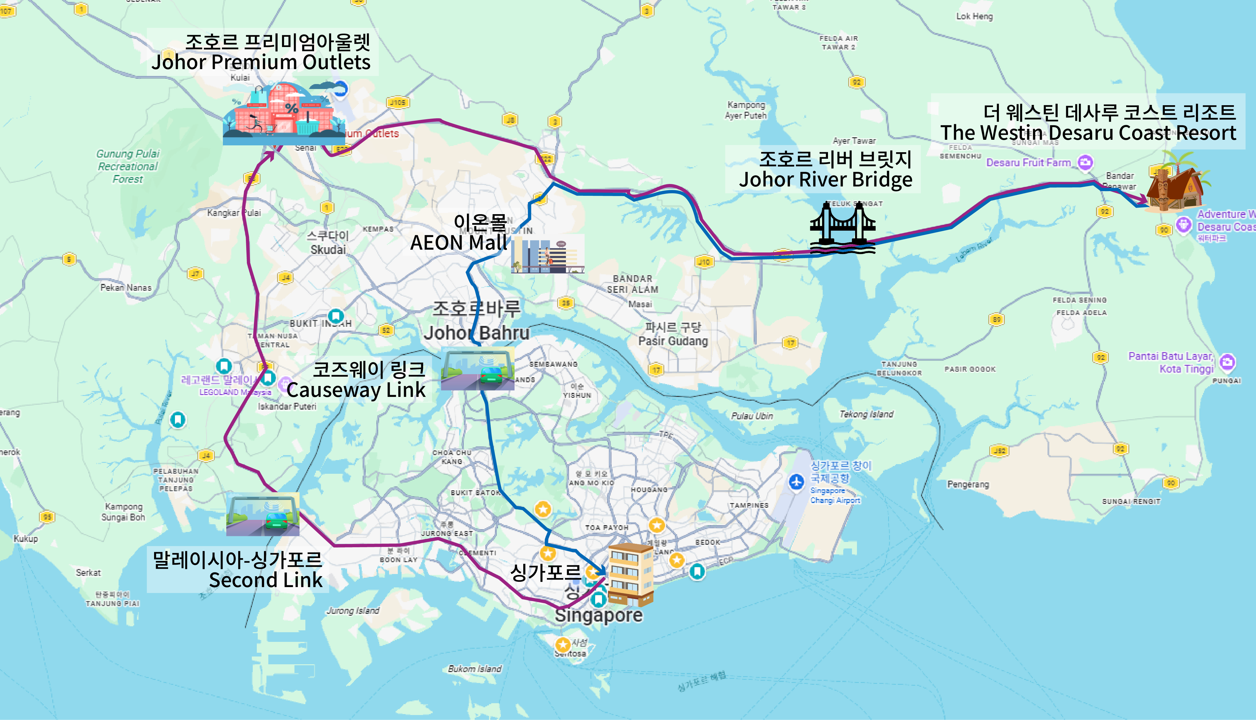 싱가포르와 조호르 지도 위에 표시한 여행 루트