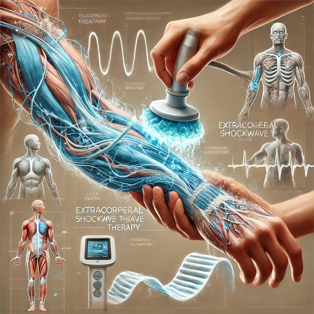 테니스 전완근 통증 치료를 설명하는 의료 일러스트, 얼음찜질, 마사지, 초음파 및 체외충격파 치료 과정