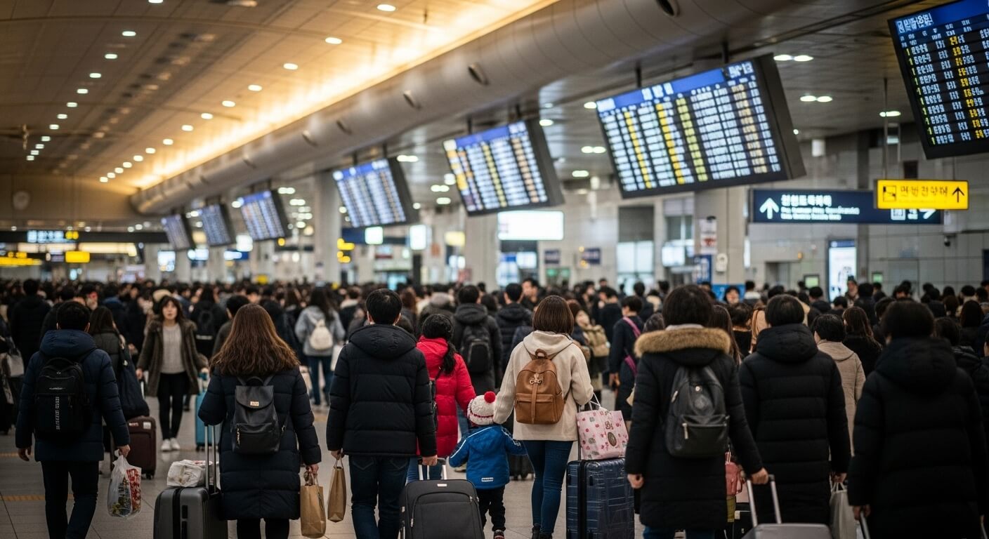 대형 전광판 아래 수많은 승객이 이동 중인 기차역 내부
