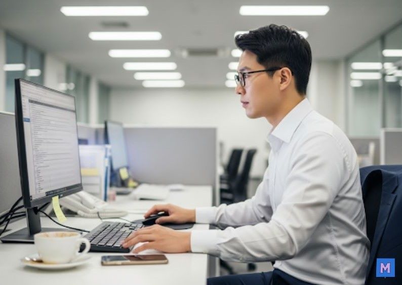 근로장려금 반기신청을 위해 노트북으로 홈택스에서 계산하고 서류를 작성하는 직장인의 모습 via Gemini